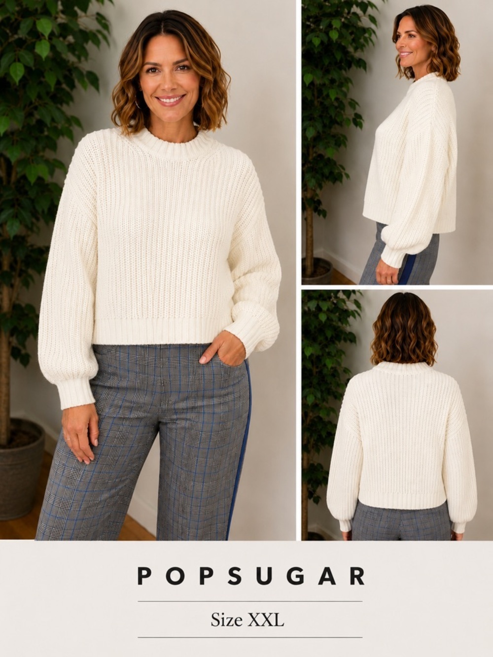 POPSUGAR Chunky Knit Cropped Sweater Size XXL Cream Balloon Sleeve Cozy Pullover